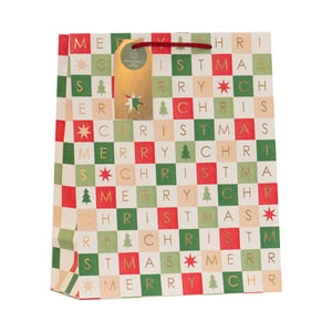 Present your gifts beautifully this festive season with our Medium Christmas Grid Gift Bag. This eye-catching bag features a classic checkerboard design in traditional red, green, and cream, creating a vibrant backdrop for your presents. The pattern is elegantly detailed with shimmering gold foil letters spelling 'MERRY CHRISTMAS', interspersed with charming stars and festive Christmas trees. Each bag is completed with sturdy red braided handles for comfortable carrying and a stylish gold gift tag, featuring a star cut-out and an eco-friendly message. Perfect for a variety of gifts, these delightful bags are supplied by Partisan Products Ltd in a convenient pack of 6, making your holiday preparations a breeze.
