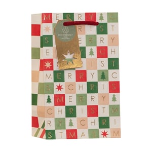 Make gift-giving extra special this Christmas with our Small Christmas Grid Gift Bag from Partisan Products Ltd. This festive bag boasts a classic checkerboard design in traditional red, green, and cream, beautifully spelling out "MERRY CHRISTMAS" in shimmering gold foil lettering. Adorned with charming stars and Christmas tree motifs, it's perfect for adding a touch of elegance to smaller presents. Each bag features a durable red cord handle and an important eco-friendly tag, highlighting its "100% Recyclable" credentials. Stock up with our convenient pack of 6, offering your customers a stylish and sustainable option for their holiday gifting needs.