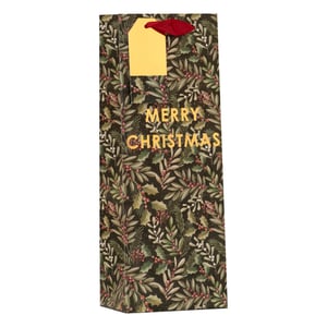 Elevate your customers' gift-giving this Christmas with our stunning Evergreen Bottle Bag. This elegant bag features a timeless festive design of lush evergreen foliage and berries on a dark, sophisticated background. The shimmering gold "MERRY CHRISTMAS" lettering adds a touch of luxury, perfectly complemented by a bright yellow gift tag and a vibrant red ribbon. Ideal for presenting wine, spirits, or other tall gifts, this bag makes any present feel extra special. Available in a convenient pack size of 1x6 from Partisan Products Ltd., these bags are a must-have for the holiday season.