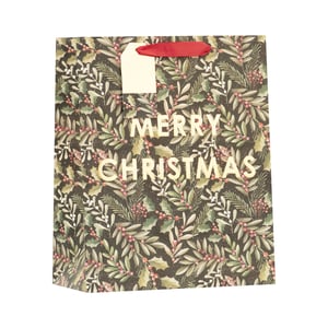 Present your gifts beautifully this festive season with our Medium Evergreen Gift Bag. This charming bag features a classic Christmas design, showcasing lush green foliage and vibrant red berries against a dark background. Elegant 'MERRY CHRISTMAS' lettering adds a festive touch, while the sturdy red ribbon handles and a blank gift tag make gifting effortless. Perfect for a range of presents, this medium-sized bag offers a stylish and convenient way to share holiday cheer. Supplied by Partisan Products Ltd, these bags are available in a practical pack of 6, ensuring you're well-stocked for the busiest time of year.