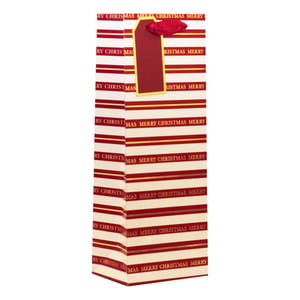 Make your festive gifts extra special with our charming Christmas Stripe Bottle Bag! This delightful bag is the perfect way to present a bottle of wine, spirits, or any other bottled treat to friends, family, or colleagues this holiday season.
Featuring classic red and white stripes, each bag is adorned with elegant gold accents and the cheerful message 'Merry Christmas' repeated across its design. A coordinating red ribbon handle and a blank gift tag complete the look, adding a touch of sophistication and making your present ready to give.
Designed for convenience and style, these sturdy bottle bags ensure your gifts are beautifully presented. Available in a handy pack of six, they're ideal for businesses looking to offer premium gift packaging or for individuals preparing multiple festive presents. Spread some Christmas cheer with ease!