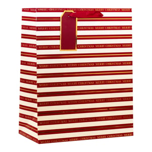 Make your gifts extra special this Christmas with our delightful Large Christmas Stripe Gift Bag. This generously sized bag features a timeless design of crisp white and festive red stripes, elegantly adorned with repeating "MERRY CHRISTMAS" text. Complete with a luxurious red ribbon handle and a matching gift tag, it's the perfect way to present presents of all shapes and sizes. Ideal for retailers, these charming bags come in a convenient pack of six, ensuring you're well-stocked for the busiest time of year. Add a touch of classic holiday cheer to every gift!