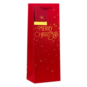 Make your festive gifting shine with our delightful Merry Christmas Bottle Bag! Perfect for presenting wine, spirits, or other bottled treats, this elegant bag is designed to add an extra touch of Christmas cheer.
Crafted in a vibrant, classic red, it features beautiful gold 'Merry Christmas' lettering in a charming script, surrounded by a scattering of sparkling gold stars and festive speckles. A matching red gift tag with a golden star completes the look, ready for a personal message.
Supplied by Partisan Products Ltd., these eye-catching bottle bags are a must-have for the holiday season. Available in a convenient pack size of 1x6, they're ideal for retailers looking to offer customers a stylish and easy gifting solution. Stock up now and help your customers spread some festive joy!