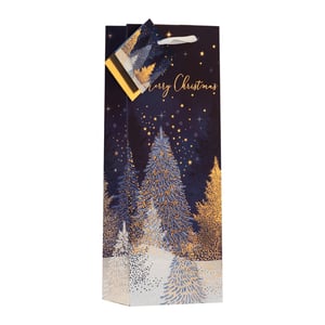 Elevate your Christmas gift presentation with our exquisite Midnight Forest Bottle Bag. This elegant bag showcases a beautiful winter scene, featuring shimmering golden and silver-toned Christmas trees set against a deep, starry midnight blue backdrop. The festive 'Merry Christmas' message, written in elegant gold script, adds a charming touch, and a coordinating gift tag is included for that perfect finish. Ideal for presenting wine, spirits, or other tall gifts, this bottle bag offers a sophisticated and memorable way to share seasonal cheer. Available in a convenient pack of 6, sourced from Partisan Products Ltd, it's a must-have for your festive retail collection.