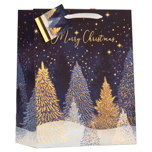Present gifts beautifully this Christmas with our Large Midnight Forest Gift Bag. This stunning bag features a captivating scene of shimmering gold and silver-blue Christmas trees, set against a deep midnight blue sky twinkling with golden stars. Elegant 'Merry Christmas' script adds a festive touch. Each bag includes a matching gift tag and sturdy white ribbon handles, ideal for larger presents. Supplied by Partisan Products Ltd, these bags are available in a convenient pack of 6, perfect for adding a touch of magic to any seasonal offering.