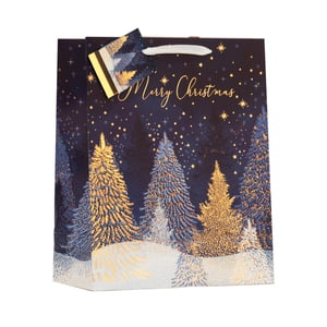 Present your festive gifts beautifully with our Medium Midnight Forest Gift Bag. This enchanting design features a magical winter scene with shimmering golden and frosted blue fir trees set against a deep midnight blue sky, twinkling with stars. The elegant gold 'Merry Christmas' script adds a classic festive touch. Complete with sturdy white ribbon handles and a matching gift tag, it's the perfect way to add a touch of sparkle and sophistication to any present. Ideal for retailers looking to offer customers a truly special gift-wrapping option this season. Supplied in a convenient pack of 6.