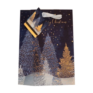 Elevate your festive gift packaging with our enchanting Small Midnight Forest Gift Bag. This beautiful bag captures the serene magic of a winter's night, featuring elegant Christmas trees shimmering in gold and silver tones against a deep blue, star-filled sky. A delicate 'Merry Christmas' message in golden script adds a touch of seasonal charm. Each bag comes complete with a matching gift tag and sturdy ribbon handles, making it perfect for presenting smaller treasures. Supplied by Partisan Products Ltd, these delightful gift bags are available in a convenient pack of 6, offering a sophisticated and memorable way for your customers to share their holiday cheer.