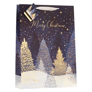 Present your festive gifts in style with our enchanting Extra Small Midnight Forest Gift Bag. This exquisite design features a magical winter wonderland scene, with shimmering gold and frosty blue Christmas trees set against a deep navy, star-filled sky. The elegant 'Merry Christmas' in gold script adds a touch of sophistication. Complete with soft ribbon handles and a matching gift tag, this bag is perfect for those special smaller presents. Available in a convenient pack of 6, it's an ideal choice for adding a touch of festive luxury to your retail offering.