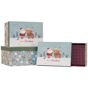 Get ready for Christmas gifting with our charming Set of 3 Santa and Dougal Gift Boxes! Perfect for presenting presents with a touch of festive cheer, these delightful boxes feature a heartwarming scene of Santa Claus and his friendly Highland cow companion, Dougal, amidst a snowy landscape. Each box lid includes a 'To:' space for a personal touch. The sides boast a sweet repeating pattern of Santa and Dougal, while the interior reveals a classic red tartan design. This set of three coordinating boxes offers varying sizes, making them ideal for a range of gifts. They're a lovely way to make your Christmas gifts extra special this festive season.