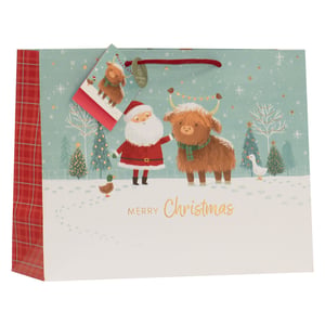 Bring festive cheer to your customers' gifting with our delightful Large Santa and Dougal Gift Bag! This charming bag features a heartwarming illustration of Santa Claus and an adorable Highland cow, Dougal, amidst a snowy Christmas scene, complete with festive trees and friendly farm animals. The design is beautifully complemented by a classic red tartan side panel and a matching gift tag. Perfect for larger presents, this bag is sure to make any gift feel extra special. Stock up on these popular bags from Partisan Products Ltd, available in a convenient pack of 6, and ensure your shelves are ready for the most wonderful time of the year.