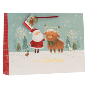 Make your Christmas gifts truly memorable with our delightful Extra Large Santa and Dougal Gift Bag! This charming bag features a heartwarming illustration of Santa Claus sharing a festive moment with his adorable Highland Cow friend, Dougal, amidst a snowy winter wonderland.
Complete with twinkling Christmas trees, friendly farm animals, and a "Merry Christmas" message, it's the perfect way to present those special presents. The extra-large size is ideal for bigger gifts, while the sturdy construction, festive red plaid side panels, and matching rope handle add a touch of quality. Each bag even includes a coordinating gift tag!
Available in a convenient pack of 6, these bags from Partisan Products Ltd are a wonderful addition to your seasonal offerings.