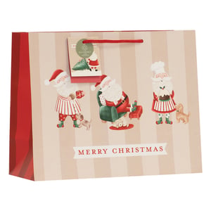 Make gift-giving extra special this Christmas with our charming Large Shopper Santa Gift Bag. Designed to hold generous festive presents, this delightful bag showcases three unique illustrations of Santa Claus enjoying the holidays with his sweet dog companions – from cookie-eating to relaxing and baking a Christmas pudding. The classic "Merry Christmas" message and festive striped design create a warm, inviting look. Adding to its appeal, this bag is eco-friendly and 100% recyclable, offering a sustainable choice for the season. Supplied by Partisan Products Ltd, these bags come in a convenient pack of 6, making them an ideal addition to your seasonal retail offering.