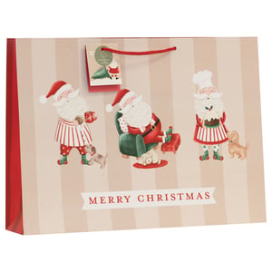 Get ready for a truly festive season with our Extra Large Shopper Santa Gift Bag! This charming bag is adorned with three delightful illustrations of Santa Claus, capturing him in various joyful Christmas activities – from sharing a cookie with a canine companion to relaxing by the fire and even baking a delicious Christmas pudding. The classic striped background and bold "MERRY CHRISTMAS" message add to its appeal. Perfect for those larger, special gifts, this sturdy bag features strong red handles for easy carrying. Stock up for the holidays with our convenient pack of 6, ensuring your customers can present their presents in style.