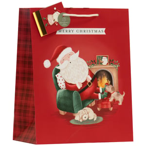 Make your Christmas gifts extra special with our delightful Large Sleepy Santa Gift Bag! This charming bag features a heartwarming illustration of Santa Claus enjoying a well-deserved rest in his armchair by a cosy fireplace, accompanied by his adorable doggy friends. A 'Merry Christmas' banner adds to the festive cheer, while the red plaid side panels provide a touch of classic holiday style. Perfect for larger presents, this bag also comes with an eco-friendly tag, making it a thoughtful choice for your customers. Supplied by Partisan Products Ltd, each pack contains 6 of these wonderful gift bags, ready to bring joy to any festive occasion.