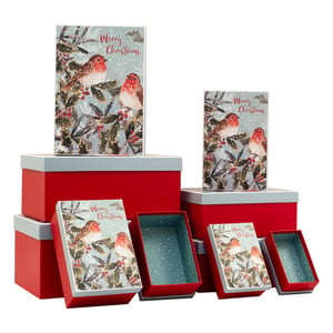 Make your Christmas gifts extra special this year with our charming Set of 10 Snowy Robins Gift Boxes. This delightful collection features a beautiful festive design, showcasing two adorable robins perched on snow-dusted holly branches, complete with "Merry Christmas" text.
Each set includes ten varying sizes of sturdy red boxes, all topped with elegant light blue-grey lids. The thoughtful design extends to the interior, which boasts a lovely dotted pattern reminiscent of falling snow. Perfect for presenting a range of gifts, from small trinkets to larger treasures, these boxes add a touch of traditional Christmas magic to any present. They're a truly enchanting way to share festive cheer this holiday season!
