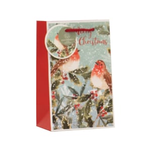 Add a touch of classic festive charm to your gift offerings with our Small Snowy Robins Gift Bag. This delightful bag features an enchanting design of cheerful robins perched amongst snow-dusted holly branches, perfectly capturing the spirit of a winter wonderland. Adorned with "Merry Christmas" in elegant script, it's ideal for presenting those special holiday gifts.
Crafted with care, this gift bag also comes with an eco-friendly tag, appealing to environmentally conscious customers. The vibrant red sides and sturdy handles complete the festive look. Available in a convenient pack size of 1x6, these charming bags are a must-have for your seasonal stock, ensuring your customers can wrap their presents beautifully and responsibly.