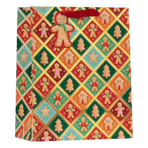 Bring festive cheer to every gift with our charming Large Patchwork Gingerbread Gift Bag! This delightful bag boasts a vibrant patchwork design, featuring an array of adorable gingerbread men and women, cosy gingerbread houses, festive Christmas trees, and sparkling stars. Rich reds, greens, golds, and oranges create a truly eye-catching display. Each bag is finished with sturdy red ribbon handles and a sweet gingerbread man embellishment, adding an extra touch of magic. Perfect for presenting those special Christmas surprises, this bag is sure to make any present feel even more wonderful. A must-have for the festive season!