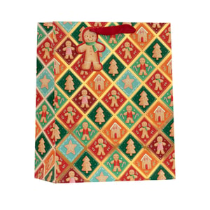 Get ready for the festive season with our delightful Medium Patchwork Gingerbread Gift Bag! This charming bag features a vibrant patchwork design, showcasing classic gingerbread men, houses, trees, and stars in a festive palette of reds, greens, and golds. Adding an extra touch of sweetness, each bag is adorned with an adorable gingerbread man embellishment and finished with sturdy red ribbon handles. Perfect for presenting Christmas gifts with a touch of homemade charm, these bags are sure to bring smiles. Available in a convenient pack of 6, they're ideal for retailers looking to offer customers a truly special way to wrap their presents this holiday.