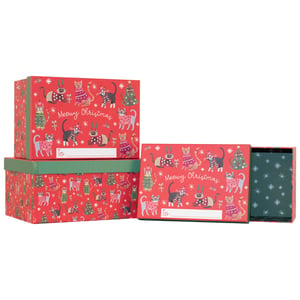 Get ready for a purr-fectly festive season with our delightful Set of 3 Meowy Christmas Gift Boxes! These charming boxes feature an adorable pattern of cats dressed in their best Christmas jumpers and hats, all set against a vibrant red background. Each box proudly displays "Meowy Christmas" and includes a handy "To:" label, making your gift-giving extra special.
This set includes three different sizes, ideal for presenting a variety of presents, from small trinkets to larger surprises. The interior of the pull-out box reveals a lovely green and white snowflake pattern, adding an extra touch of festive cheer. These fun and unique gift boxes are sure to bring smiles all around this Christmas!