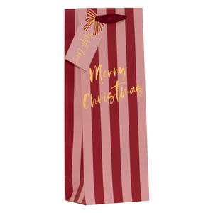 Make your festive bottle gifts truly special with our charming Pink Stripe Bottle Bag! This elegant bag features a delightful design of alternating pink and red stripes, perfectly complemented by shimmering gold 'Merry Christmas' script. Each bag comes complete with a sweet 'With Love' gift tag and a luxurious ribbon handle, adding that extra touch of thoughtfulness. Ideal for presenting wine, spirits, or other bottled treats, these bags are sure to impress your customers. Available in a convenient pack of 6, they're a must-have for your seasonal gifting range. Stock up now from Partisan Products Ltd and help your customers spread joy this Christmas!