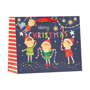 Bring extra festive cheer to your customers' gifts with our delightful Medium Shopper Elves Gift Bag! From Partisan Products Ltd, this charming bag features a playful scene of busy Christmas elves decorating and celebrating.
Adorned with colourful string lights, stars, and confetti on a deep blue background, the "Merry Christmas" message adds a warm touch. One elf hangs playfully with a present, while others hold festive lights and a candy cane. Red and white striped sides and matching ribbon handles complete the joyful design.
Perfect for a wide range of presents, these bags are sure to make any gift feel extra special. Available in a convenient pack of 6, they're a wonderful addition to your seasonal stock.