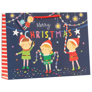 Make your gifts truly memorable this festive season with our delightful Extra Large Shopping Elves Gift Bags. Perfect for those bigger presents, each bag features a charming design of busy little elves getting ready for Christmas.
Adorned with twinkling lights, colourful confetti, and a cheerful 'Merry Christmas' message, these vibrant bags bring a touch of magic to any gift. The sturdy construction ensures your presents are beautifully presented. Supplied by Partisan Products Ltd., these enchanting bags come in a convenient pack of six, making them ideal for all your holiday gifting needs. Spread joy and festive cheer with this wonderful collection!