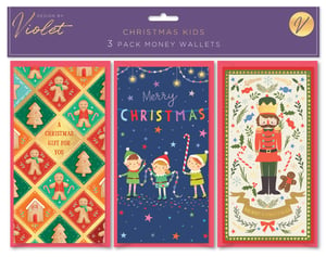 Bring extra cheer to Christmas gifting with our charming Christmas Kids 3 Pack Money Wallets! Designed by Violet, this delightful set features three unique and vibrant designs, perfect for presenting cash or gift vouchers.
The first wallet boasts a classic gingerbread theme, adorned with cute gingerbread men, trees, and houses, alongside the message "A Christmas Gift For You". The second design captures the magic of Christmas with playful elves decorating under a starry, festive sky, complete with "Merry Christmas" text. Finally, the third wallet showcases a traditional nutcracker soldier amidst beautiful festive foliage and candy canes, with a "Merry Christmas" banner.
Each wallet is thoughtfully illustrated to make every gift feel special. Available in a convenient wholesale pack size of 1x12, these money wallets are an essential addition to your seasonal collection. Make gifting memorable this holiday season!