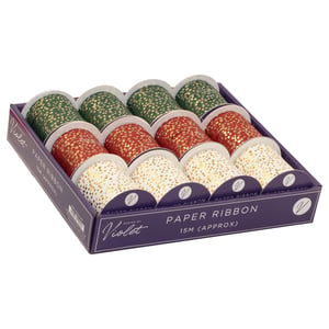 Add a touch of festive sparkle to your customers' gifts and crafts with our delightful 15M Paper Ribbon with Foil! This charming collection features three classic Christmas colours – rich green, vibrant red, and crisp white – each adorned with shimmering gold foil stars. Perfect for wrapping presents, decorating handmade cards, or adding a special flourish to festive projects.
Each convenient spool offers approximately 15 metres of beautiful ribbon, ensuring plenty for all those creative ideas. Supplied in a handy display box of 12 spools (4 of each colour), it's ready to brighten up your retail space and inspire your customers this holiday season. Designed by Violet, these ribbons are a must-have for any festive craft or gift-wrapping collection.