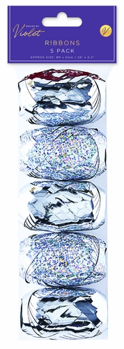 Elevate your customers' gift-wrapping and crafting projects with our stunning 5 Pack Silver Ribbon Cops, designed by Violet. This versatile set features five spools of beautiful silver ribbon, offering a delightful mix of shimmering metallic and dazzling glitter finishes. Each ribbon measures approximately 8 metres long and 5mm wide, providing ample length for all sorts of creative endeavours.
Perfect for adding a touch of elegance to presents, decorating party favours, or enhancing craft creations, these silver ribbon cops are a must-have for any occasion. Stock up on this popular choice from Partisan Products Ltd. Each wholesale pack contains 12 individual 5-packs, ensuring your shelves are always sparkling!