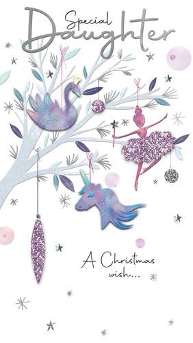Celebrate your 'Special Daughter' this Christmas with this enchanting card, designed to bring a touch of magic to her festive season. Adorned with whimsical illustrations of a graceful swan, a sparkling ballerina, and a dreamy unicorn, each detail shimmers with delicate glitter. The soft, elegant palette of purples, blues, and silvers creates a beautiful winter wonderland scene. This card perfectly conveys "A Christmas wish..." to your beloved daughter, making her feel truly cherished. It's a wonderfully crafted keepsake she'll adore.