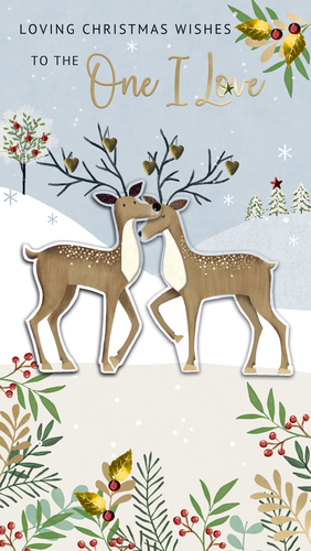 Express your deepest affection this festive season with our enchanting 'One I Love' Christmas card from Second Nature. This truly beautiful design features two loving deer, noses gently touching, their antlers adorned with delicate golden hearts – a perfect symbol of romance. Set against a serene snowy backdrop with charming Christmas trees and falling snowflakes, the scene is wonderfully magical. The card is beautifully framed with rich, natural foliage, including festive berries and lush green leaves, adding an extra touch of seasonal charm. Ideal for that very special person, this card is designed to convey heartfelt Christmas wishes. Available in a convenient pack size of 1x6 for your retail offering.