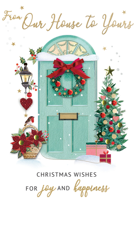 Welcome the festive season with our charming 'House to House' Christmas card. This delightful design features a beautifully decorated front door, complete with a classic red wreath and a twinkling Christmas tree adorned with presents. A friendly robin and a basket of vibrant poinsettias add extra warmth to this inviting scene. The heartfelt message, 'From Our House To Yours', is beautifully complemented by 'Christmas Wishes for joy and happiness' on the front, perfectly capturing the spirit of giving and connection during the holidays. Supplied by Second Nature in a convenient pack of six, these cards are ideal for spreading cheer far and wide.