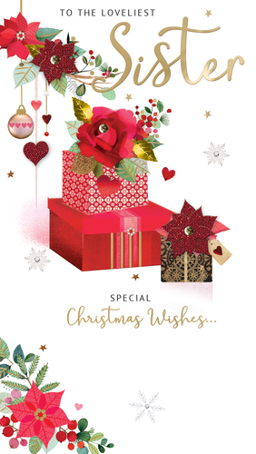 Celebrate your wonderful Sister this Christmas with this truly beautiful card from Second Nature. Featuring a stunning festive design, it's adorned with sparkling poinsettias, elegant gold script, and charming Christmas presents, all set against a crisp white background. The heartfelt message 'TO THE LOVELIEST Sister' and 'SPECIAL Christmas Wishes...' perfectly conveys your affection during the holiday season. With intricate details and a warm colour palette of reds, greens, and golds, this card is sure to bring a smile to her face. Available in a convenient pack size of 1x6, ensuring you're ready for the festive rush. A perfect choice to show your Sister how much she means to you.