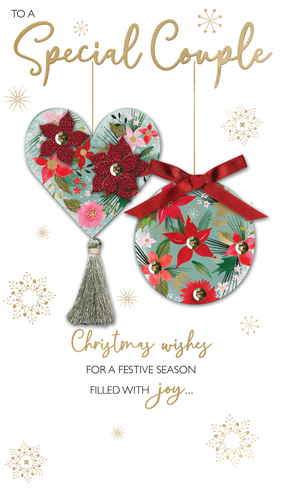 Celebrate a wonderful couple this Christmas with the enchanting 'Special Couple' card from Second Nature. This delightful design features charming heart and bauble decorations, beautifully adorned with glittery red poinsettias and a soft tassel. Elegant gold script and delicate snowflake accents add a touch of festive luxury. Inside, a heartfelt message wishes them 'a festive season filled with joy'. Perfect for spreading warmth and cheer, these cards are supplied in a convenient pack of 6, ready for your customers to share with their loved ones.