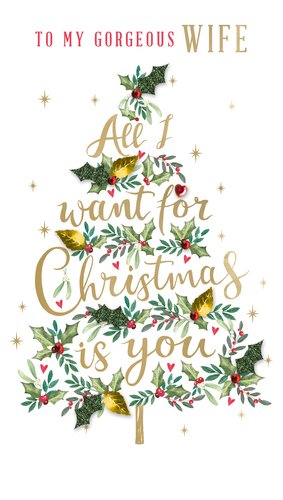 Offer your customers a truly special way to celebrate their loved one this Christmas with our 'Wife' Christmas card from Second Nature. This exquisite design features a festive Christmas tree crafted from delicate holly, mistletoe, and berries, adorned with sparkling gold accents. The central message, 'All I want for Christmas is you,' is beautifully rendered in elegant gold script, complemented by the loving 'TO MY GORGEOUS WIFE' header. It's the perfect choice for husbands looking to express their deepest affection during the festive season. Supplied in a convenient pack of 6 (1x6), ensuring you're well-stocked for demand.