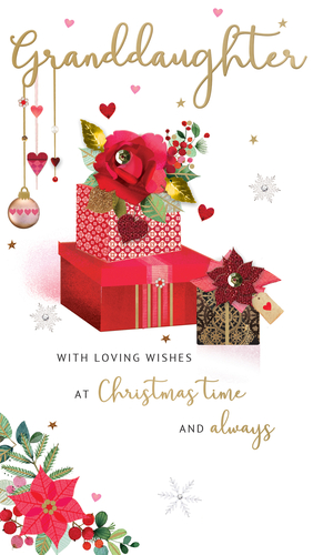 Help your customers celebrate their Granddaughter this Christmas with this lovely card from Second Nature. Featuring elegant gold script for 'Granddaughter', the design is beautifully enhanced with festive hanging decorations, charming gift boxes, and a striking red rose. Delicate poinsettia and berry accents complete the warm, seasonal feel. The heartfelt message 'WITH LOVING WISHES AT Christmas time AND always' adds a personal touch, making it perfect for expressing love. This thoughtful card is sure to bring joy and comes in a convenient pack size of 1x6, ready for your festive display.