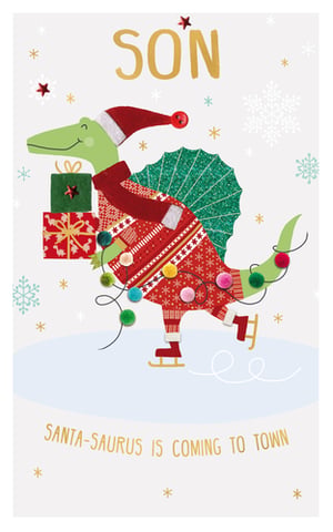 Make your son's Christmas extra special with this wonderfully festive card from Second Nature! Featuring an adorable 'Santa-saurus' dinosaur, complete with a cosy Christmas jumper, Santa hat, and ice skates, this card is bursting with holiday cheer. Our friendly dino is even carrying a stack of presents and twinkling with colourful pom-pom lights as he glides across the ice. The playful message, 'Santa-saurus is coming to town', adds a delightful touch. Perfect for retailers looking to offer unique and charming Christmas cards for sons. Available in a convenient pack of 6.