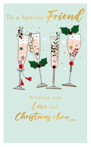 Celebrate the festive season with our delightful 'Friend Female' Christmas card, brought to you by Second Nature. This elegant design is perfect for sending warm wishes to a special friend. Featuring charming illustrations of champagne flutes adorned with festive holly, berries, and sparkling details, it beautifully captures the joy of Christmas. The exquisite gold foil lettering, reading "To a Special Friend" and "Wishing you Love and Christmas cheer...", adds a touch of luxury and warmth. With its soft, inviting colours and intricate details, this card is sure to bring a smile to any recipient. Stock up with our convenient pack of 6 and help your customers share the festive spirit with their nearest and dearest.
