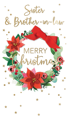 Help your customers celebrate family this Christmas with this delightful 'Sister & Brother In Law' card from Second Nature. This charming design features a beautiful festive wreath, richly decorated with vibrant green foliage, classic red berries, and sparkling poinsettias. A cheerful red bow crowns the wreath, which elegantly frames the gold 'MERRY christmas' message. The top of the card proudly displays 'Sister & Brother-in-law' in complementary gold script, all set against a crisp white background adorned with scattered gold stars and dots. Perfect for conveying heartfelt holiday wishes, these cards come in a wholesale pack of 1x6, ready to brighten any display.