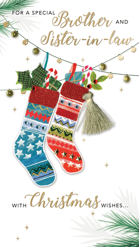 Send warm festive greetings to a special Brother and Sister-in-law this Christmas with this delightful card from Second Nature. Featuring a charming design of two beautifully decorated Christmas stockings, brimming with festive treats like candy canes and gifts, it perfectly captures the spirit of the season. Adorned with sparkling glitter details and golden fairy lights, this card offers a truly heartwarming way to share your Christmas wishes. The elegant gold script adds a touch of luxury, making it a standout choice for your customers. Each pack contains 6 cards, ready to bring joy to families this holiday.