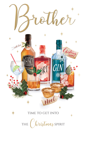 Help your customers celebrate their Brother this Christmas with this wonderfully festive card from Second Nature. Adorned with a delightful illustration of seasonal drinks – whisky, port, and gin – alongside tempting mince pies and classic holly decorations, it's the perfect way to share the 'Christmas Spirit'. The elegant gold 'Brother' script and the inviting message 'Time to get into the Christmas Spirit' make this card a standout choice. Available in a convenient pack of 1x6, this charming design will ensure your customers can send warm, spirited wishes to their brothers this holiday season.