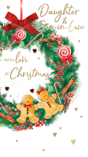 Send warm festive wishes to a special couple with this delightful 'Daughter & Son In Law' Christmas card from Second Nature. Adorned with a charming watercolour wreath, it features two adorable gingerbread figures holding hands, surrounded by classic Christmas treats like candy canes, lollipops, and red berries. The heartfelt message 'WITH love AT Christmas' is beautifully scripted in gold, adding a touch of elegance. Perfect for showing your daughter and son-in-law how much they mean to you during the holiday season. Each pack contains 6 cards, ready for your retail display.