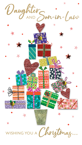 Send your warmest Christmas wishes to a special Daughter and Son-in-Law with this delightful Christmas card from Second Nature. This charming design features a unique Christmas tree crafted from a stack of beautifully wrapped, colourful gifts and loving hearts, sure to bring festive cheer. Adorned with twinkling stars and festive dots, the card captures the joy of the season. The elegant gold script wishes them a wonderful Christmas. This