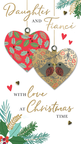 Bring festive cheer to your customers with this delightful 'Daughter & Fiance' Christmas card from Second Nature. This charming design features two heart-shaped ornaments, one adorned with classic holly and berries, and the other showcasing two sweet robins nestled amongst festive patterns. Elegantly scripted with 'With love at Christmas Time', the card is beautifully accented with traditional winter foliage and subtle gold details. It's the perfect way for loved ones to send warm wishes. Available in a convenient pack of 6, these cards are ready to add a touch of heartfelt warmth to your seasonal collection.
