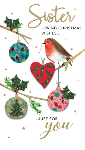 Share heartfelt festive cheer with your Sister this Christmas with this enchanting card from Second Nature. Adorned with a charming robin carefully decorating a branch with beautiful baubles and sparkling holly, it's a truly special design. The elegant script reads "Sister, Loving Christmas Wishes... Just For You," perfectly conveying your affection. This delightful card captures the warmth and magic of the season, making it an ideal way to send your love. Its intricate details and festive colours ensure it stands out.