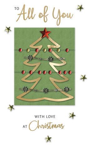 Spread festive cheer to everyone on your list with our exquisite 'To All Of You' Christmas card, proudly brought to you by Second Nature. This charming design features a beautifully detailed gold Christmas tree, adorned with shimmering red and gold baubles, and crowned with a radiant red star. Set against a rich green backdrop, the intricate embellishments and scattered gold stars create a truly special greeting. The heartfelt message, 'With Love at Christmas', perfectly complements this elegant card, making it an ideal choice for sending warm wishes and spreading joy throughout the holiday season.
