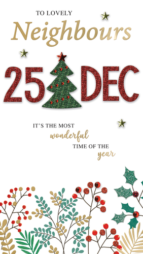 Help your customers share festive joy with their community using these charming 'Neighbours' Christmas cards from Second Nature. Designed with a warm, friendly touch, this card features bold, glittery red '25 DEC' lettering, complemented by a sparkling green Christmas tree and golden stars.
The elegant message 'IT'S THE MOST wonderful TIME OF THE year' is beautifully presented, alongside delicate botanical illustrations of holly, berries, and foliage at the base. With a touch of sparkle and thoughtful design, these cards are perfect for wishing a truly special Christmas to those next door. Available in a convenient 1x6 pack, they're ready to bring smiles this holiday season.