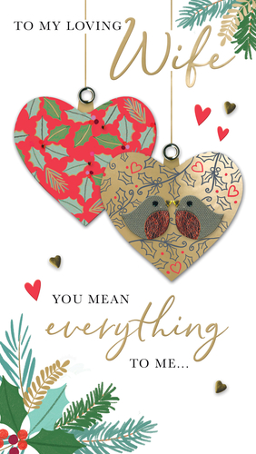 Offer your customers a truly heartfelt way to express their love with this beautiful 'Wife' card from Second Nature. This charming design features two delightful heart-shaped ornaments, perfect for a special occasion. One heart boasts a classic red holly pattern, while the other showcases two adorable embroidered robins nestled amongst festive foliage on a warm, patterned background.
Adorned with delicate pine sprigs, holly, and subtle heart details, the card conveys a heartfelt message: "To My Loving Wife, You Mean Everything To Me". This exquisite card offers a touch of warmth and affection, making it an ideal choice for any retailer. Available in a convenient 1x6 pack.