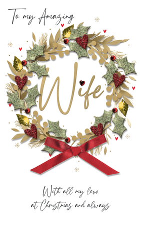 Show your wife how much she means to you this Christmas with this elegant card from Second Nature. The design features a beautiful festive wreath, intricately detailed with glittery holly, golden foliage, and sparkling red hearts. Inside, the loving messages 'To my Amazing Wife' and 'With all my love at Christmas and always' perfectly convey your affection. Each card is a delightful keepsake, crafted with care. This 'Wife' card is available in a pack of 6, ensuring you're well-stocked for the festive season. Supplier: Second Nature.