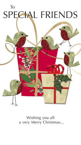 Spread festive cheer to your nearest and dearest with our delightful 'Friends' Christmas card. This charming design features a gathering of five glitter-detailed robins, perched playfully amongst beautifully wrapped Christmas presents adorned with holly and festive ribbons. The warm message, 'Wishing you all a very Merry Christmas...', perfectly complements the heartwarming scene.
Crafted with care, these cards offer a touch of sparkle and traditional charm, making them ideal for sending heartfelt greetings to special friends. Stock up on this lovely design, available in convenient packs of 6, and help your customers share joy this holiday season.